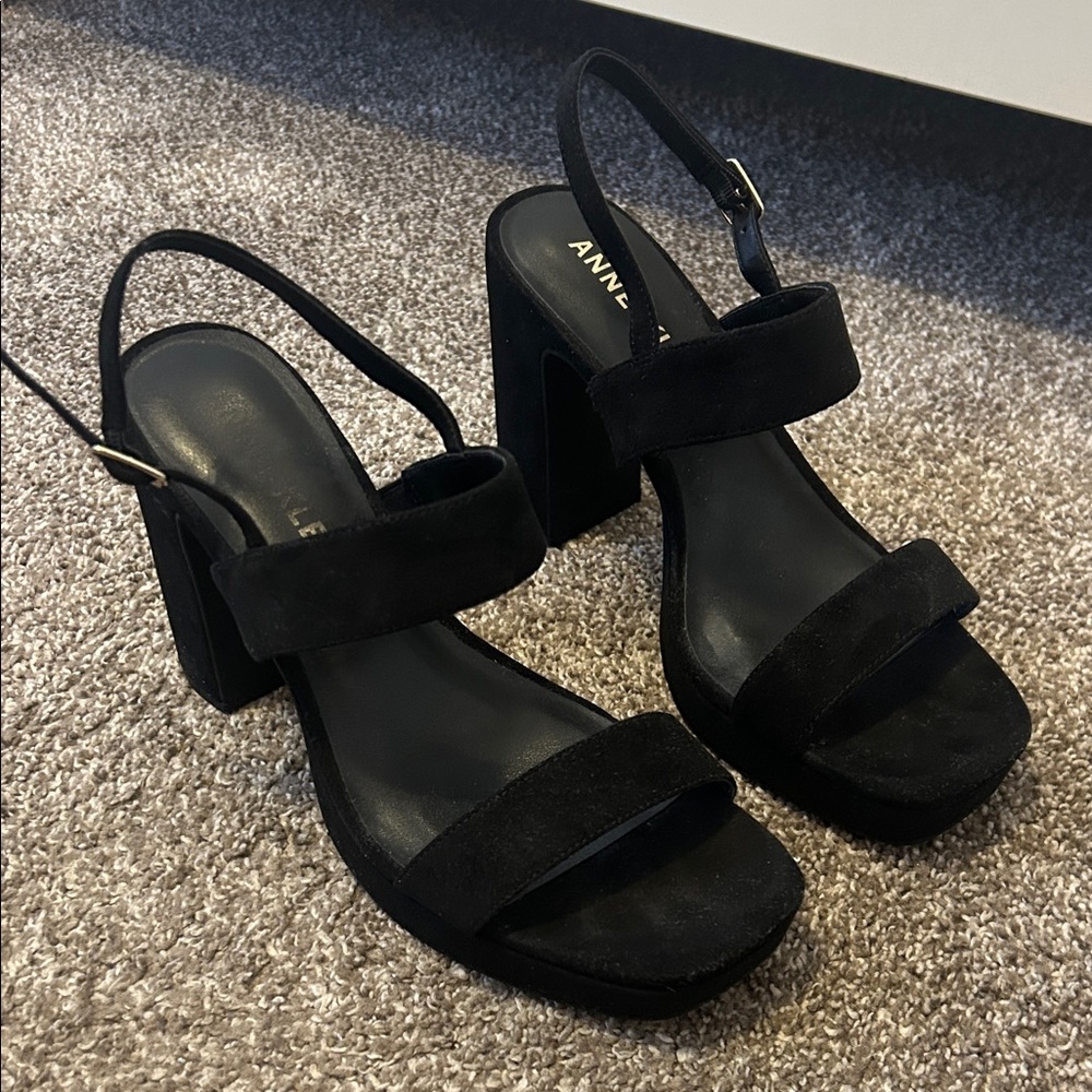 Anne Klein Black Suede Block Heels 7.5 M. Heel height 4”. Front heel height 1”